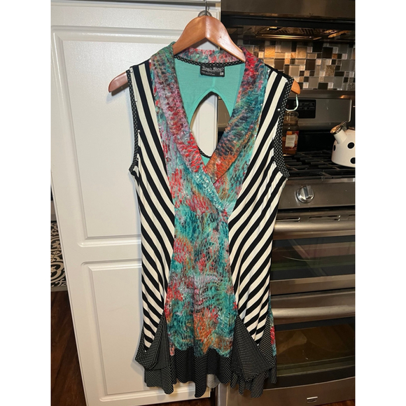 Tango Mango Multi Pattern Ruffled Botton V-Neck Dress XL - Picture 3 of 7